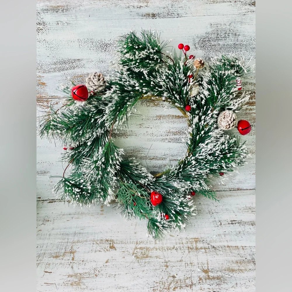 Snowy Pine w/Red Bells & Berries Wreath
